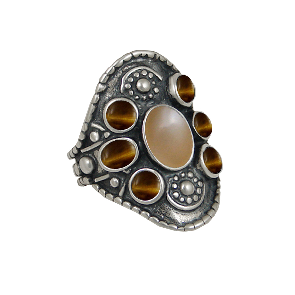 Sterling Silver High Queen's Ring With Peach And Tiger Eye Size 10